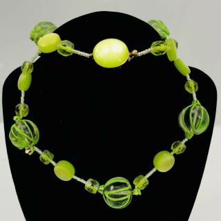 Vintage Green Beaded Necklace Murano Art Glass Lampwork 24 "