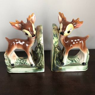 Vintage Relco Japan Ceramic Deer Fawn Bambi Set Of 2 Book Ends Mcm Woodland