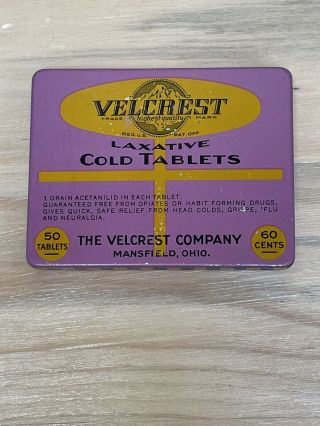 Vintage Velcrest Laxative Cold Tablet Advertising Medicine Tin Mansfield Ohio