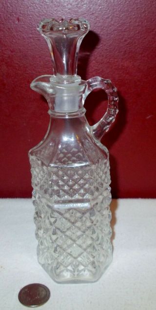 Vintage Clear Glass Cruet With Stopper Diamond Pattern,