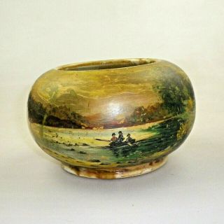 Vintage Bendigo Pottery Globe Vase With Hand Painted Fishing Scene
