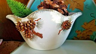 Vintage Ceramic Norcrest Gold White Pine Cone Fall Holiday Decorative Vase