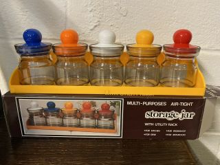 Vtg 1980s Retro Nos Plastic Spice Jars Desk Storage Canister Rack Set Rainbow