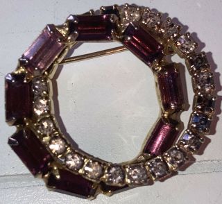 Vintage Costume Jewellery Purple Lilac Crystal Double Ring Gold Tone Brooch