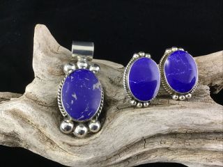 Vintage Set Sterling Silver Pierced Earrings&pendant Lapis Lazuli Mexico 1960’s