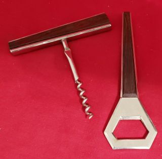 Mid Century Modern Wood Handle Metal Cork Screw Bottle Opener Barware Utensil