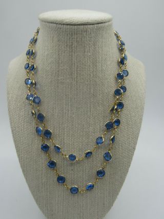 Vintage Signed Sapphire Blue Swarovski Crystal Bezel Gold Tone Long Necklace 36 "