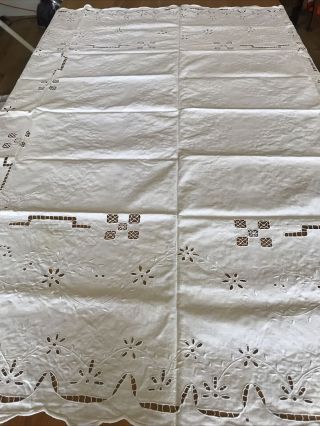 Vintage Large Embroidered Linen White Rectangular Tablecloth 62” X56”