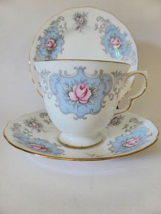 Queen Anne Pink Rose Vintage Bone China Teacup Trio,  Pattern 8350,  Pink And Blue