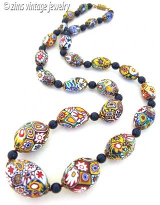 Vintage Italian Venetian Murano Colorful Millefiori Glass Flower Bead Necklace