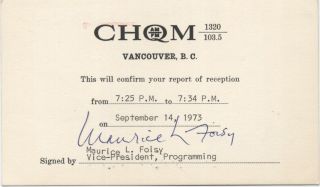 Vintage Qsl Card Radio Chqm,  Canada 1973