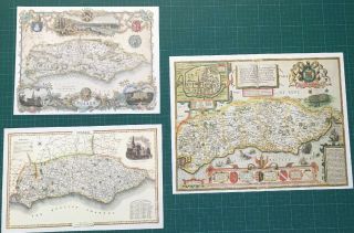 3 X Old Antique Vintage Colour Maps Of Sussex,  England: 1600 