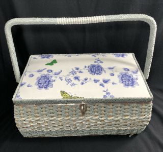Vintage Large Dritz Wicker Woven Sewing Basket Floral/butterflies W/ Tray