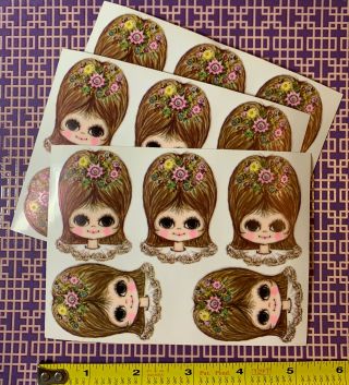 3 Vintage Rare 1970s Big Eyed Flower Girl Sticker Sheets Nos