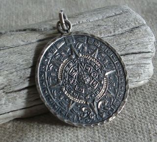 Vintage Mexican Sterling Silver Large Round Aztec Mayan Calendar Pendant Mexico