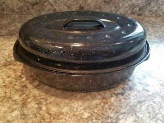 Vintage Black White Speckled Enamel 12” X 8” Oval Roasting Pan With Lid