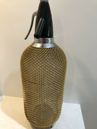 Vintage Soda Siphon Seltzer With Gold Metal Wire Mesh Glass Soda Bottle
