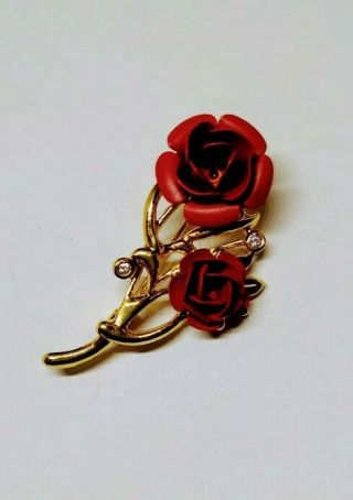 Vintage Gold Tone Roses Flower Brooch Broche With Crystals