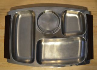 Military Mess Hall Tray Stainless Steel Metal Wood Handles Prison Cafeteria Vtg