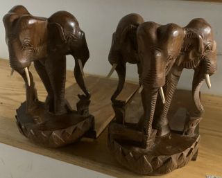 Vintage Mid Century Pair Set Hand Carved Teak Wood Elephant Folding Book Ends