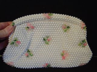 VINTAGE LUMERED CORDE ' BEAD CLUTCH PURSE WITH BEADED PINK FLOWERS MADE IN USA 2