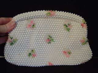 VINTAGE LUMERED CORDE ' BEAD CLUTCH PURSE WITH BEADED PINK FLOWERS MADE IN USA 3