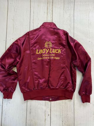 Vintage Las Vegas Lady Luck Burgundy Satin Bomber Jacket Royal Pacific M Medium