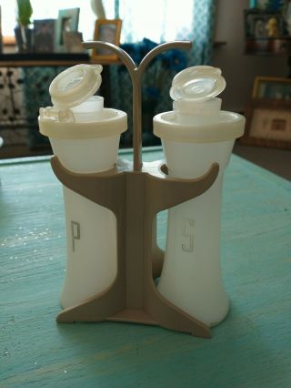 Vintage Tupperware Salt And Pepper Shakers On Stand 4 Inch