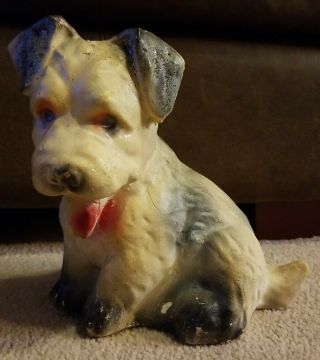 Vintage Chalkware Carnival Prize Dog Figurine Cute Black And White Dog