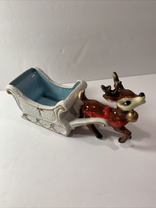 Vintage Ceramic Reindeer & Sleigh Planter Or Candy Dish Dickson Japan