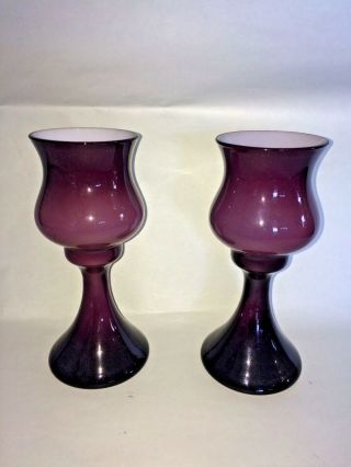 2 Amethyst Glass Candle Vase Goblet Purple Glass Vintage Enesco White Cased