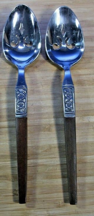 Pair Ekco Eterna Eks14 Faux Wood Handle & Stainless Pierced Serving Spoons 8 1/2