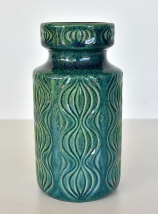 Vintage West German Pottery 18cm Vase Blue / Green Retro