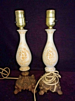 Pair Small 10 " Vintage Cherub Angels Table Lamps Lights Brass Bronze Base Lqqk