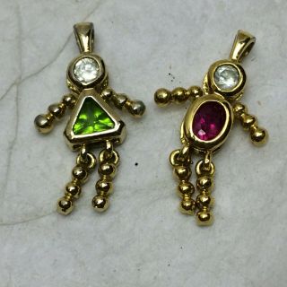 Vintage Boy And Girl Pendants Charms Rhinestones Green & Red 925