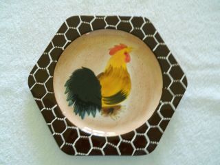 Vintage Hexagon Rooster Plate With Brown And White Border Cbk Exclusive