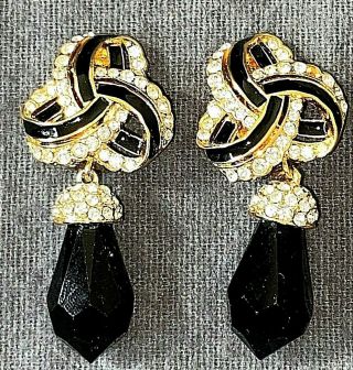 Vintage St John Black Enamel Crystal Gold - Tone Drop Dangle Clip On Earrings
