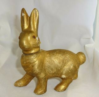 Paper Mache Rabbit Easter Vintage Gold Candy Container Bunny Glass Eyes