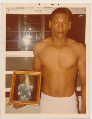 African American Soldier Holds Girlfriend Picture Vtg Color Photo Shirtless Man