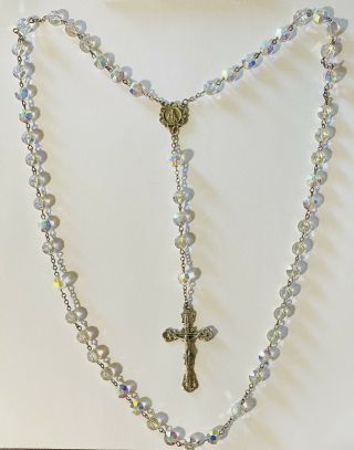Vintage Chapel Sterling Silver Aurora Borealis Crystal Bead Rosary Made Italy