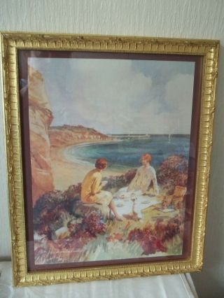 Vintage Gilt Framed Print - Two Ladies Having A Picnic By The Seaside Signed