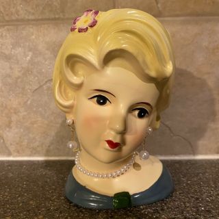 Vintage Glamour Lady Head Vase Planter With Pearl Earrings And Necklace Unmarked