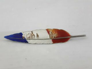 Vintage Sterling Silver With Blue White & Red Enamel Feather Pin Brooch
