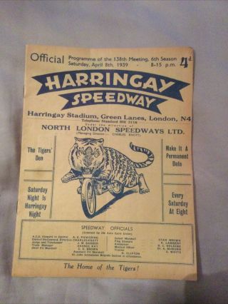 1930s Vintage Speedway Programme Harringay V Wimbledon 8th April 1939 Vgc