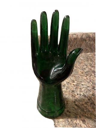 Vintage Green Glass Display Hand Mannequin Jewelry Ring Holder Accessory