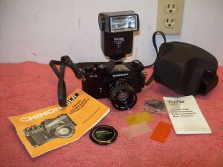 Vintage Chinon Slr 35mm Camera 50mm Lens,  Case,  Vivitar 2800 Flash,  Manuals Etc.