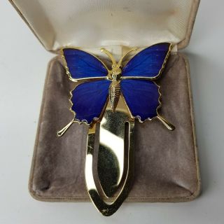 Rare Vintage Large Blue Enamel Butterfly Gold Tone Paper Clip Bookmark Insect