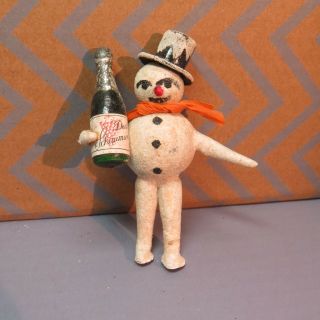 Vintage Christmas German Frosted Mica Snowman Champagne Bottle Year 
