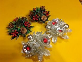 Vintage Two Pair Set Of Mid Century Christmas Candle Decor Ring Plastic Silver