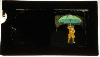Vintage Mechanical Wooden Magic Lantern Slide (man With Umbrella)